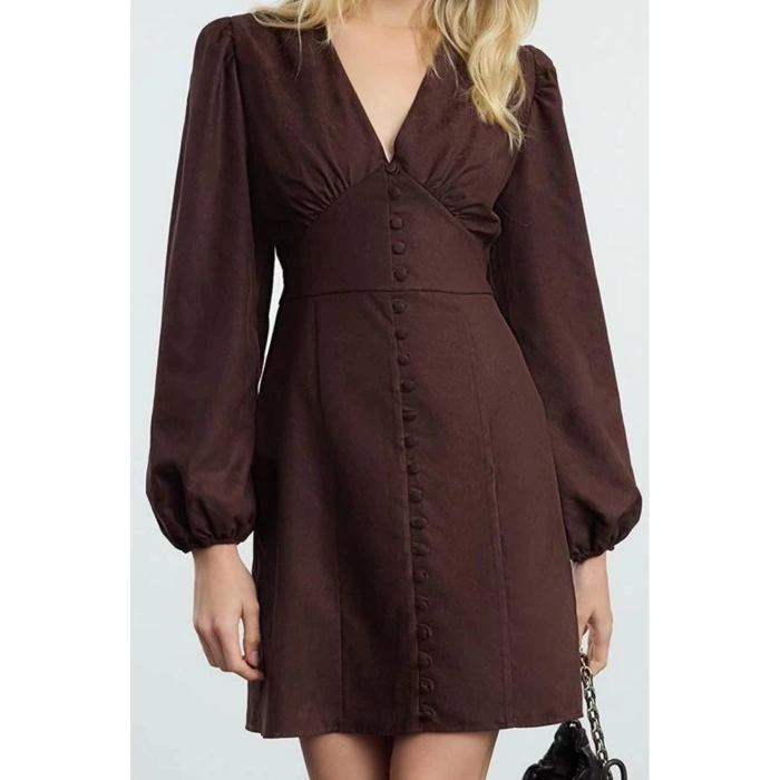 Kadın Moda Şık Mini Boy V Yaka Regular Düz Dokuma Elbise