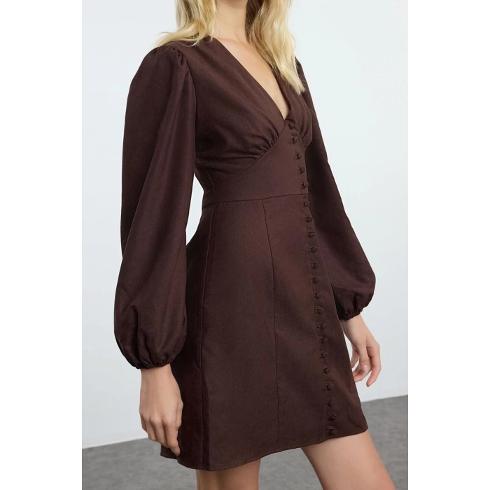 Kadın Moda Şık Mini Boy V Yaka Regular Düz Dokuma Elbise