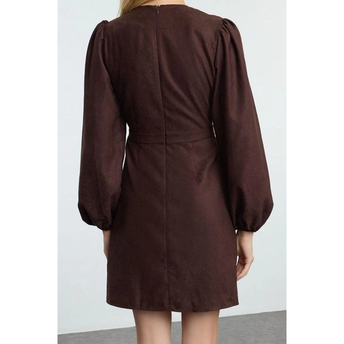 Kadın Moda Şık Mini Boy V Yaka Regular Düz Dokuma Elbise