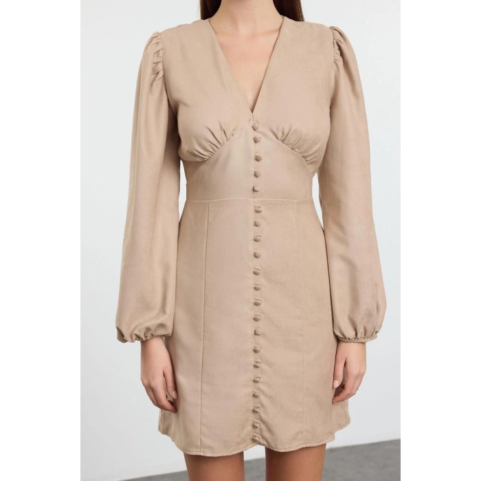 Kadın Moda Şık Mini Boy V Yaka Regular Düz Dokuma Elbise