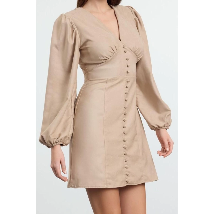 Kadın Moda Şık Mini Boy V Yaka Regular Düz Dokuma Elbise