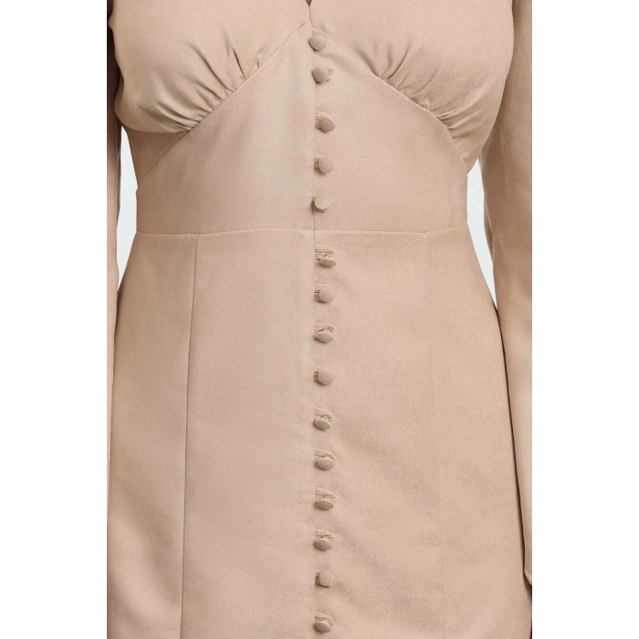 Kadın Moda Şık Mini Boy V Yaka Regular Düz Dokuma Elbise