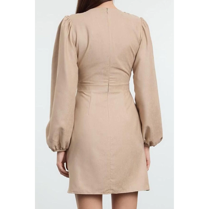 Kadın Moda Şık Mini Boy V Yaka Regular Düz Dokuma Elbise