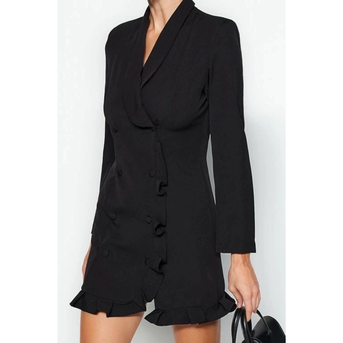 Women Fashion Stylish Mini Length Jacket Collar Regular Skirt Ruffle Woven Jacket Dress