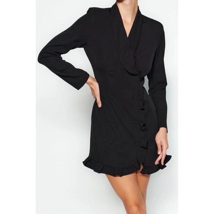 Women Fashion Stylish Mini Length Jacket Collar Regular Skirt Ruffle Woven Jacket Dress