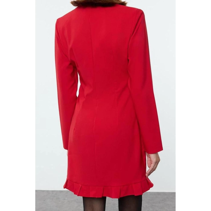 Women Fashion Stylish Mini Length Jacket Collar Regular Skirt Ruffle Woven Jacket Dress