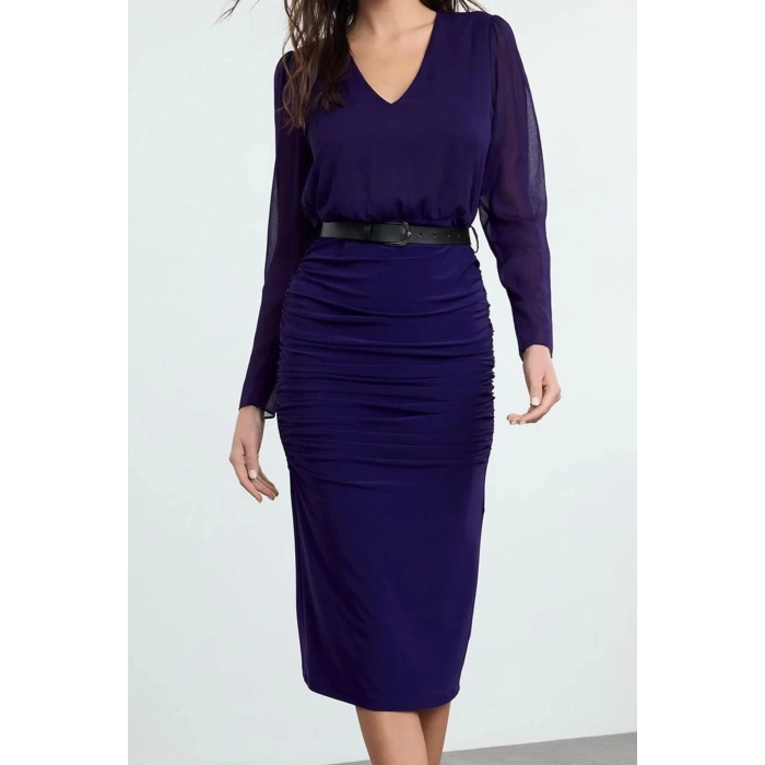 Women Fashion Stylish Midi Length V Neck Regular Plain Woven Dress
