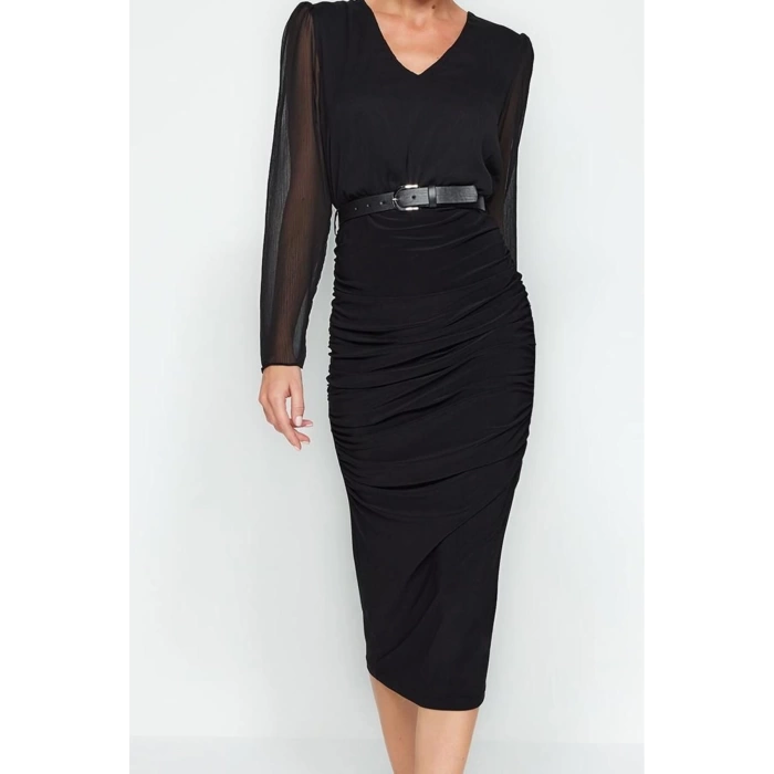 Women Fashion Stylish Midi Length V Neck Regular Plain Woven Dress