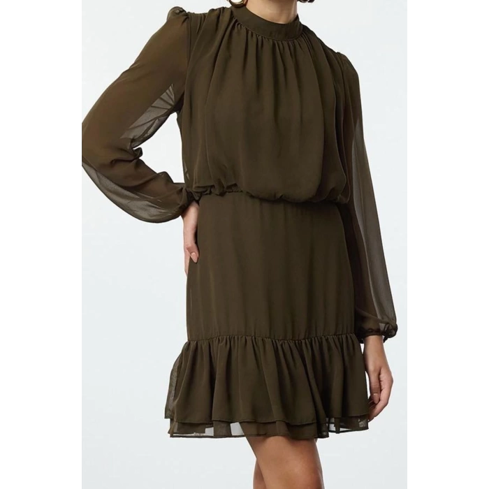 Kadın Moda Şık Mini Boy Dik Yaka Regular Eteği Volanlı Şifon Dokuma Kışlık Elbise