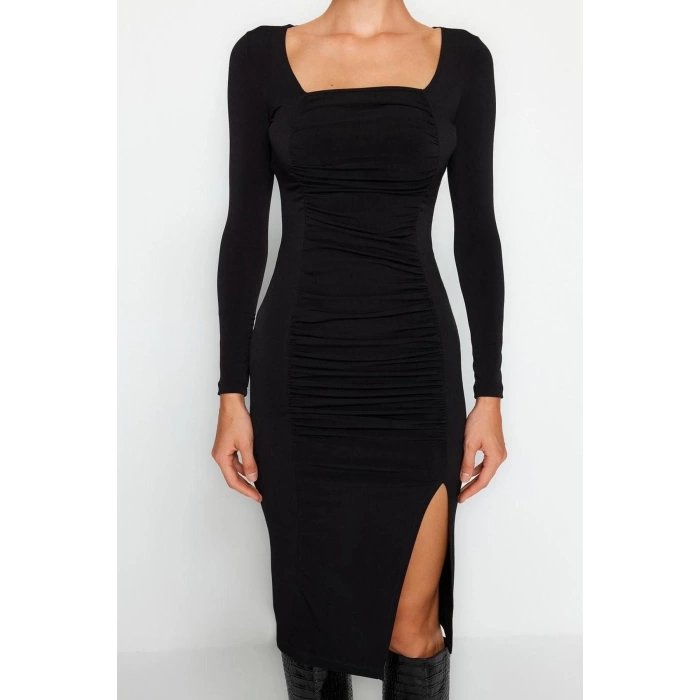 Kadın Moda Şık Midi Boy Kare Yaka Slim Büzgülü Vücuda Oturan Esnek Örme Elbise
