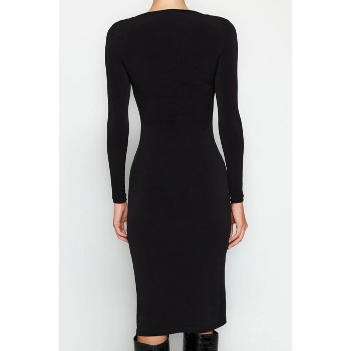 Kadın Moda Şık Midi Boy Kare Yaka Slim Büzgülü Vücuda Oturan Esnek Örme Elbise