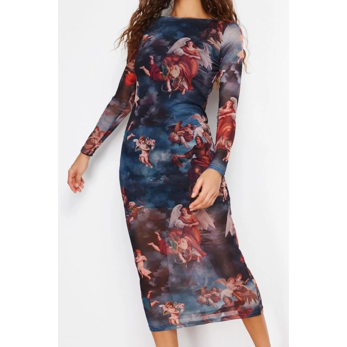 Women Fashion Stylish Midi Length Crew Neck Slim Printed Lined Bodycon Tulle Knitted Dress