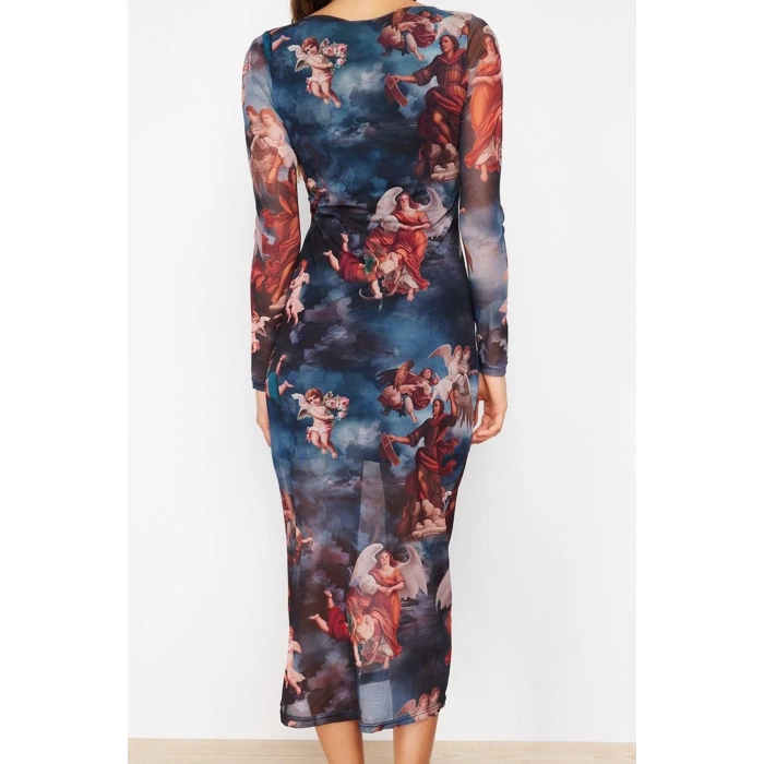 Women Fashion Stylish Midi Length Crew Neck Slim Printed Lined Bodycon Tulle Knitted Dress