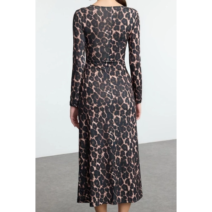 Women Fashion Stylish Maxi Length Square Neck Slim Leopard Print Flounce Fitted Stretchy Knitted Dress