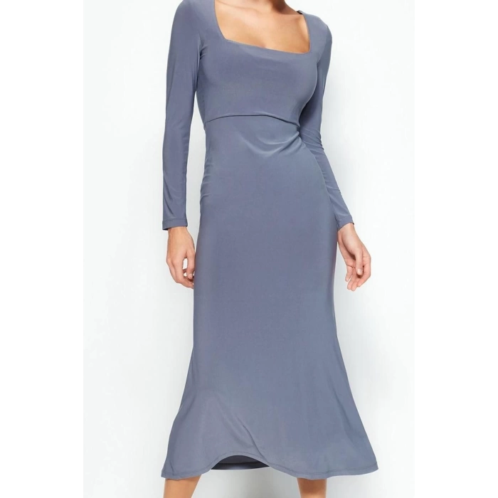 Women Fashion Stylish Maxi Length Square Neck Slim Leopard Print Flounce Fitted Stretchy Knitted Dress