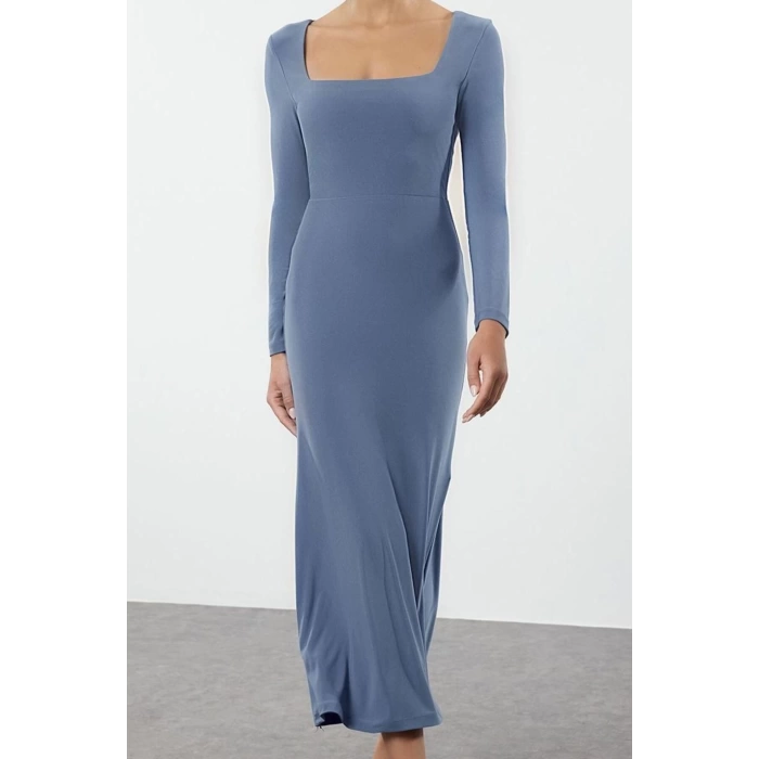 Women Fashion Stylish Maxi Length Square Neck Slim Leopard Print Flounce Fitted Stretchy Knitted Dress