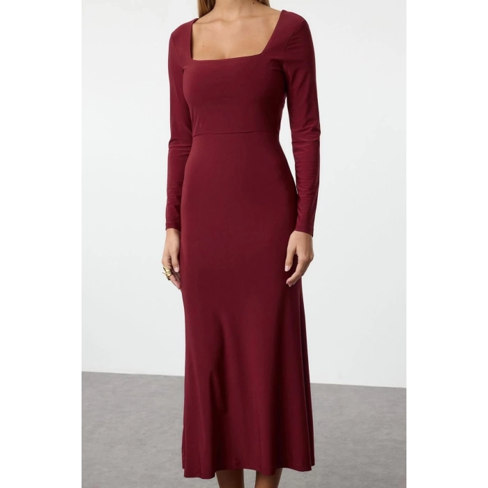 Women Fashion Stylish Maxi Length Square Neck Slim Leopard Print Flounce Fitted Stretchy Knitted Dress