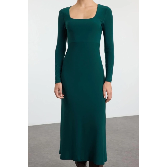 Women Fashion Stylish Maxi Length Square Neck Slim Leopard Print Flounce Fitted Stretchy Knitted Dress