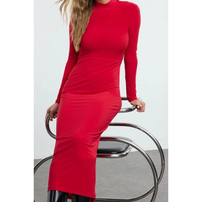 Kadın Moda Şık Maxi Boy Dik Yaka Slim Fitted Vücuda Oturan Esnek Örme Elbise