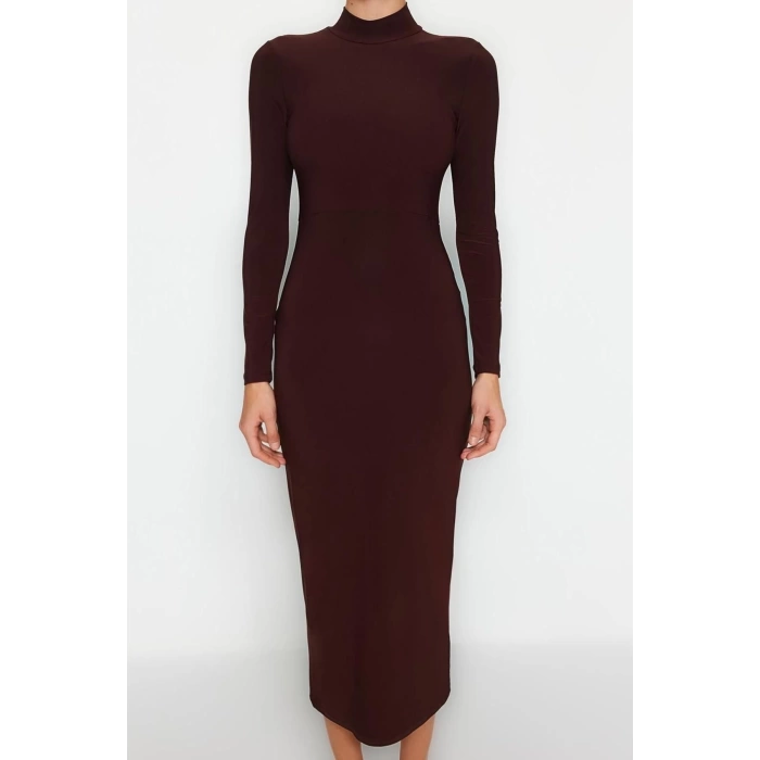 Kadın Moda Şık Maxi Boy Dik Yaka Slim Fitted Vücuda Oturan Esnek Örme Elbise