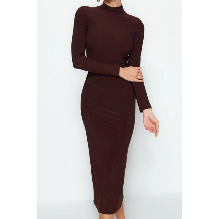 Kadın Moda Şık Maxi Boy Dik Yaka Slim Fitted Vücuda Oturan Esnek Örme Elbise