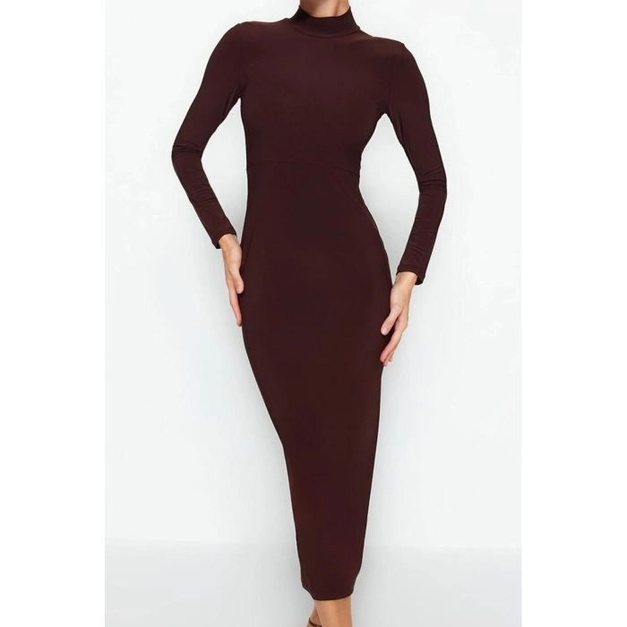 Kadın Moda Şık Maxi Boy Dik Yaka Slim Fitted Vücuda Oturan Esnek Örme Elbise