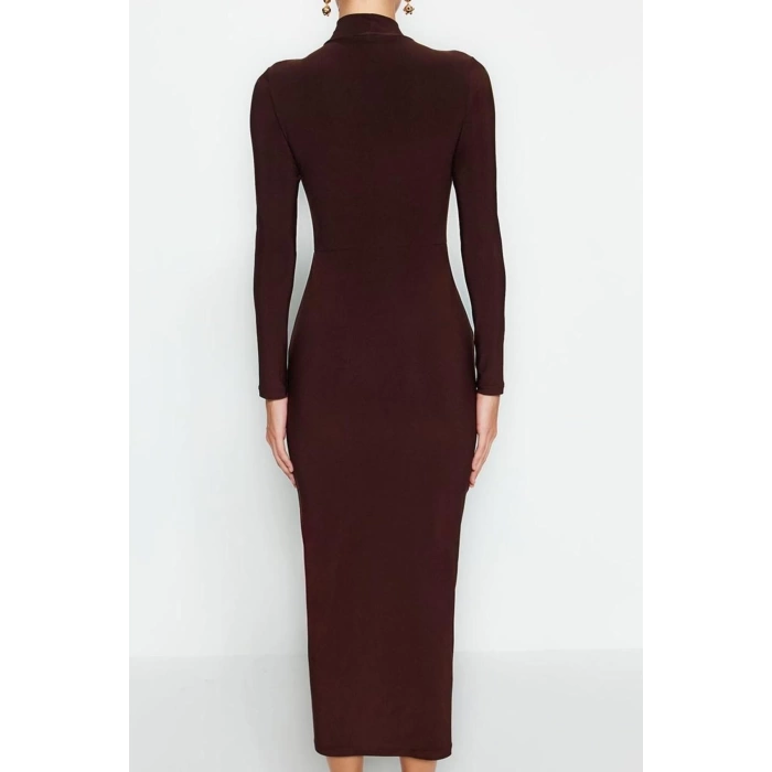 Kadın Moda Şık Maxi Boy Dik Yaka Slim Fitted Vücuda Oturan Esnek Örme Elbise
