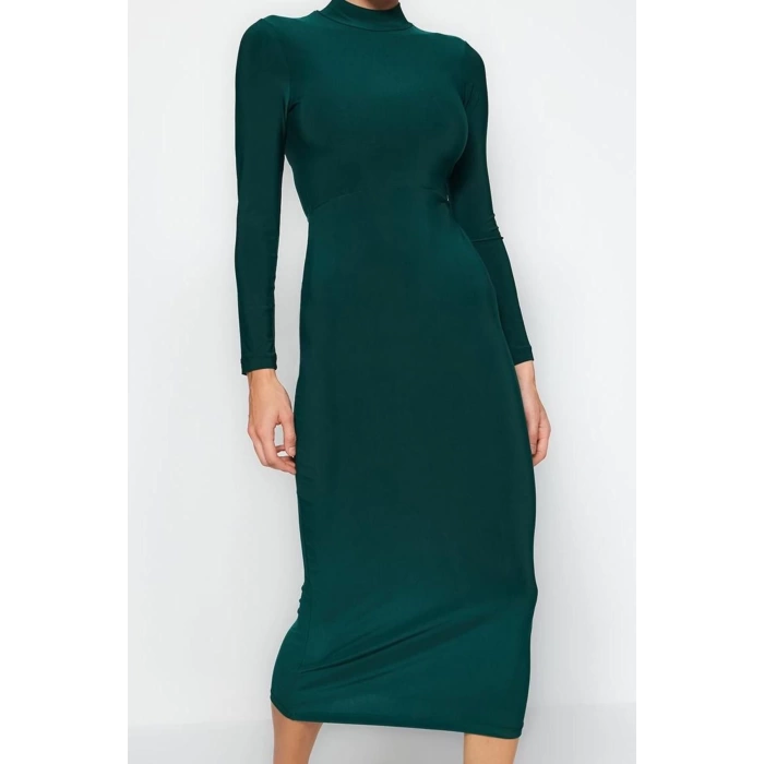 Kadın Moda Şık Maxi Boy Dik Yaka Slim Fitted Vücuda Oturan Esnek Örme Elbise