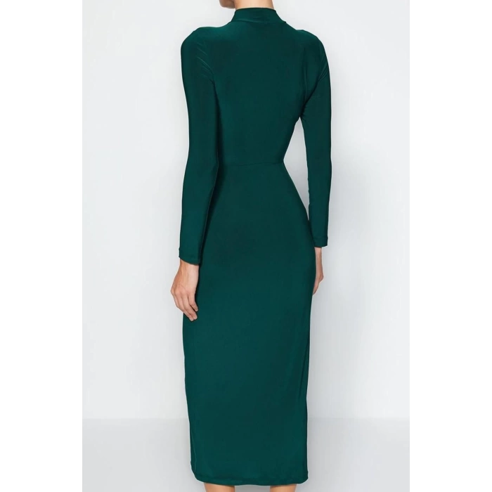 Kadın Moda Şık Maxi Boy Dik Yaka Slim Fitted Vücuda Oturan Esnek Örme Elbise