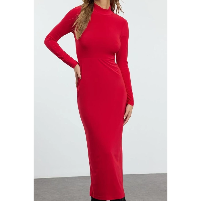 Kadın Moda Şık Maxi Boy Dik Yaka Slim Fitted Vücuda Oturan Esnek Örme Elbise