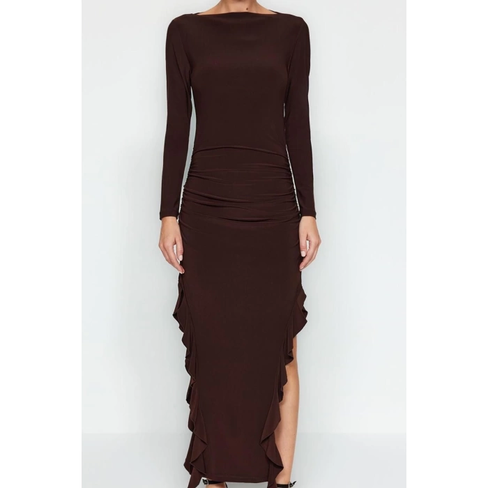 Kadın Moda Şık Midi Boy Bisiklet Yaka Regular Düz Eteği Volanlı Kayık Kaya Esnek Örme Örme Elbise