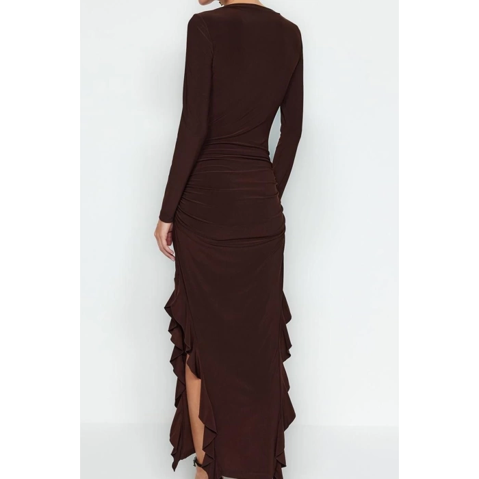 Kadın Moda Şık Midi Boy Bisiklet Yaka Regular Düz Eteği Volanlı Kayık Kaya Esnek Örme Örme Elbise