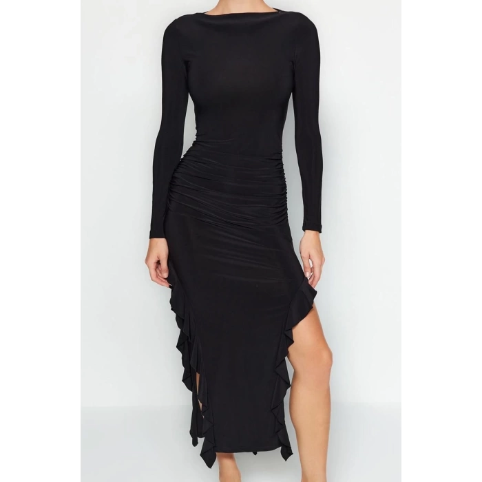 Kadın Moda Şık Midi Boy Bisiklet Yaka Regular Düz Eteği Volanlı Kayık Kaya Esnek Örme Örme Elbise