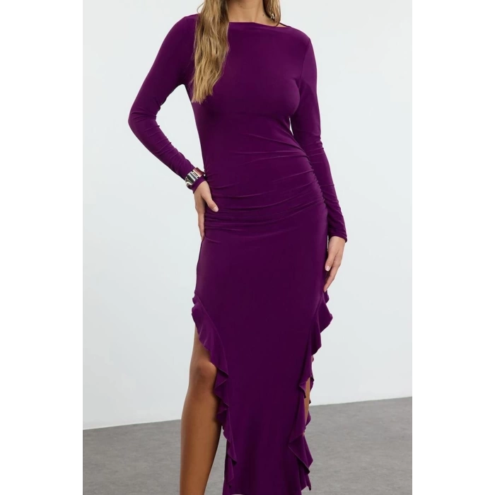 Kadın Moda Şık Midi Boy Bisiklet Yaka Regular Düz Eteği Volanlı Kayık Kaya Esnek Örme Örme Elbise