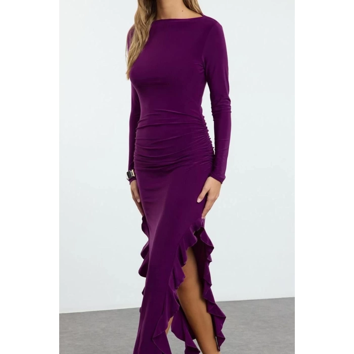 Kadın Moda Şık Midi Boy Bisiklet Yaka Regular Düz Eteği Volanlı Kayık Kaya Esnek Örme Örme Elbise