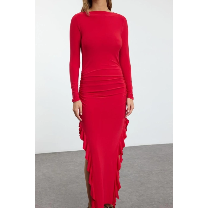 Kadın Moda Şık Midi Boy Bisiklet Yaka Regular Düz Eteği Volanlı Kayık Kaya Esnek Örme Örme Elbise