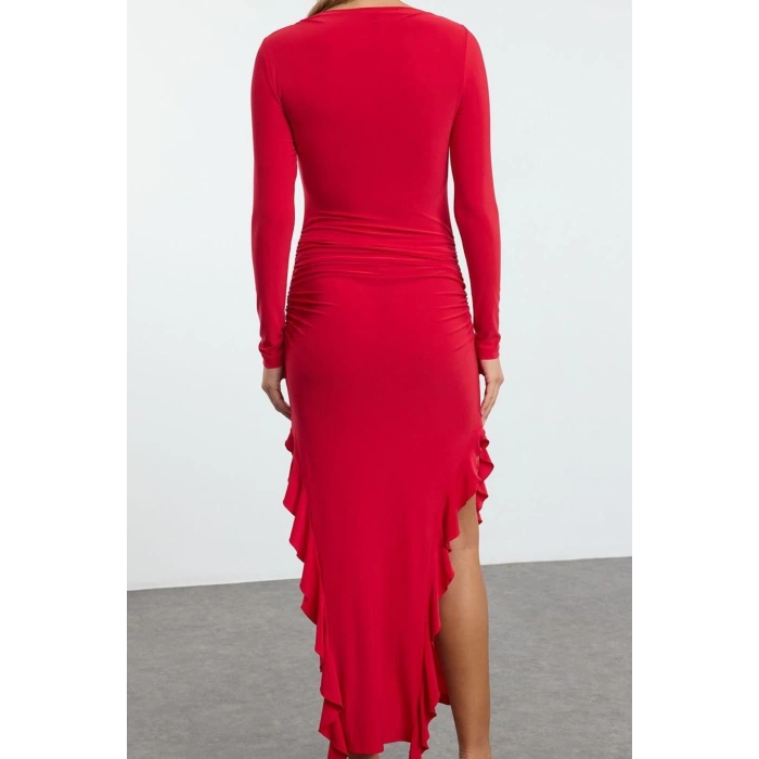 Kadın Moda Şık Midi Boy Bisiklet Yaka Regular Düz Eteği Volanlı Kayık Kaya Esnek Örme Örme Elbise