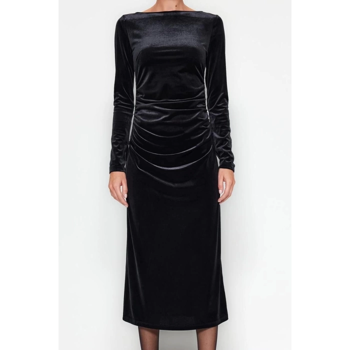 Women Fashion Stylish Midi Length Boat Neck Slim Velvet Pleated Fitted Body-hugging Stretchy Knitted Dress