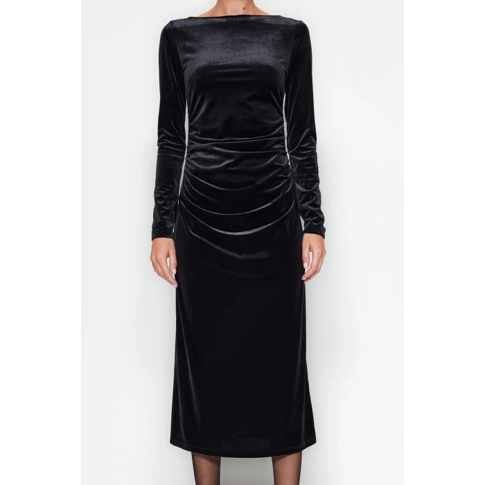Women Fashion Stylish Midi Length Boat Neck Slim Velvet Pleated Fitted Body-hugging Stretchy Knitted Dress