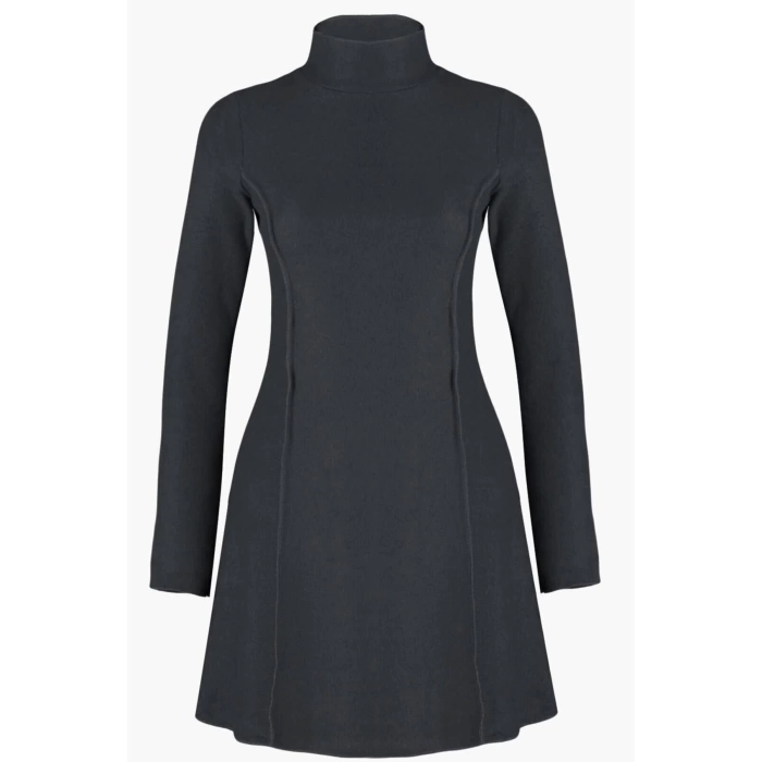 Women Fashion Stylish Mini Length Stand Collar Regular Stitch Detailed Selanik Knitted Dress