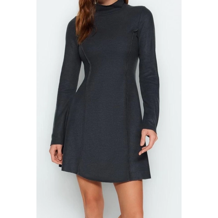 Women Fashion Stylish Mini Length Stand Collar Regular Stitch Detailed Selanik Knitted Dress