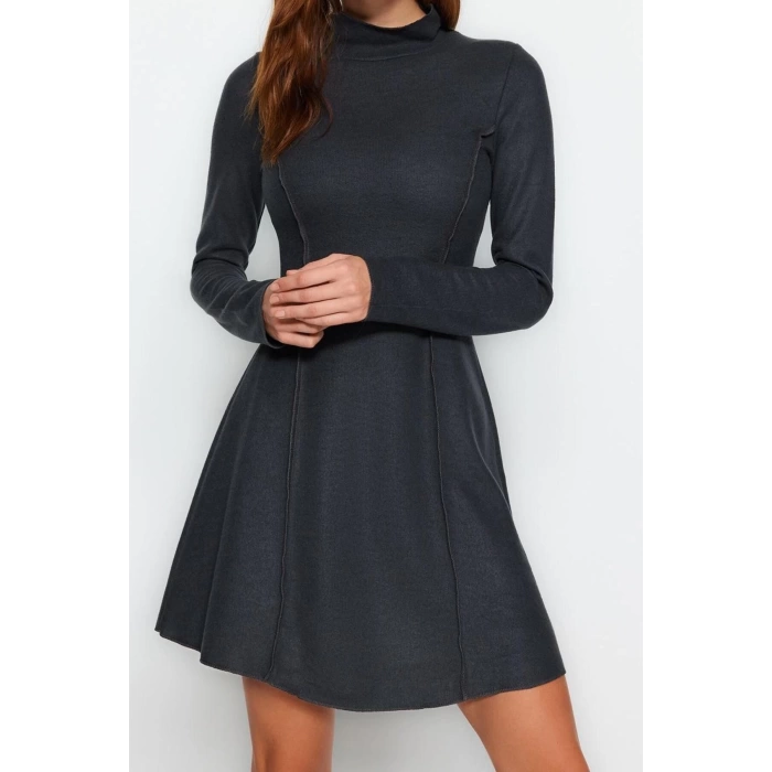 Women Fashion Stylish Mini Length Stand Collar Regular Stitch Detailed Selanik Knitted Dress