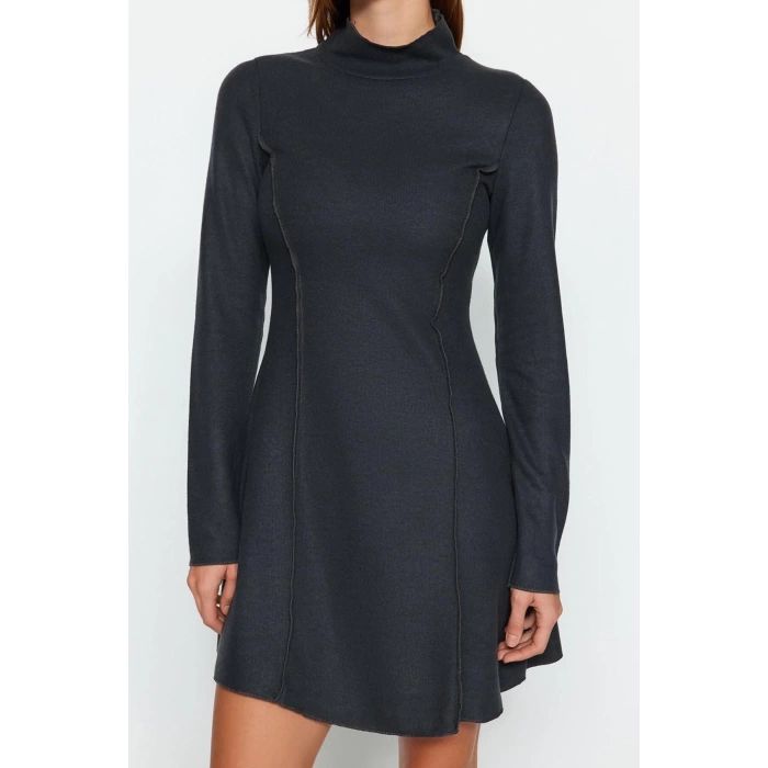 Women Fashion Stylish Mini Length Stand Collar Regular Stitch Detailed Selanik Knitted Dress