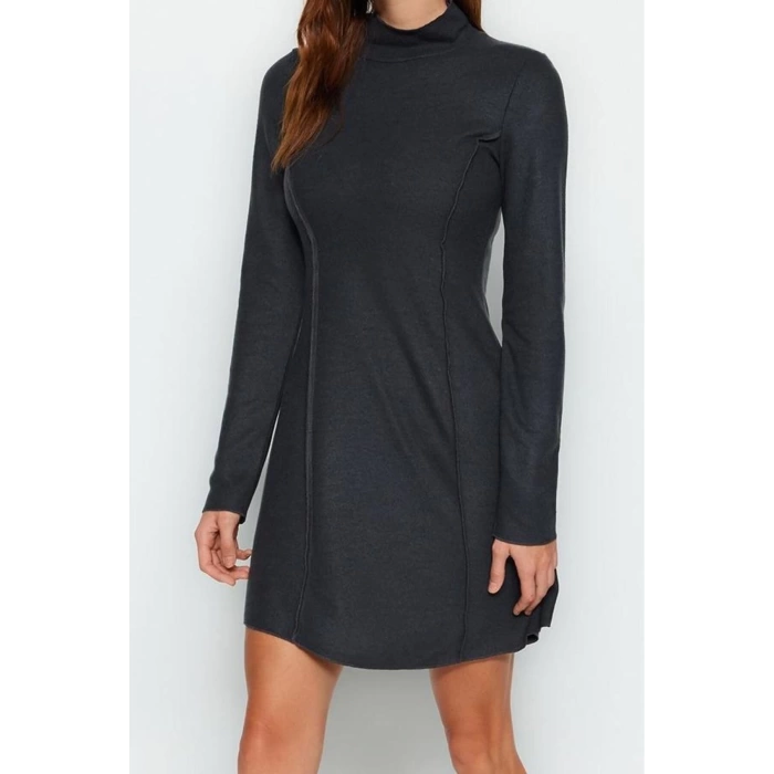 Women Fashion Stylish Mini Length Stand Collar Regular Stitch Detailed Selanik Knitted Dress