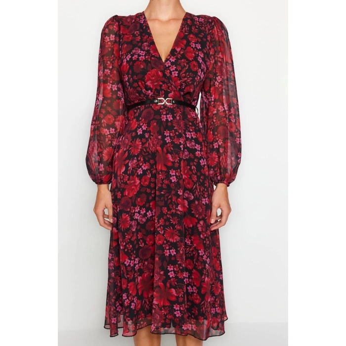 Kadın Moda Şık Midi Boy Kruvaze Regular Çiçekli Kemerli A Kesim Yaka Desenli Şifon Dokuma Elbise