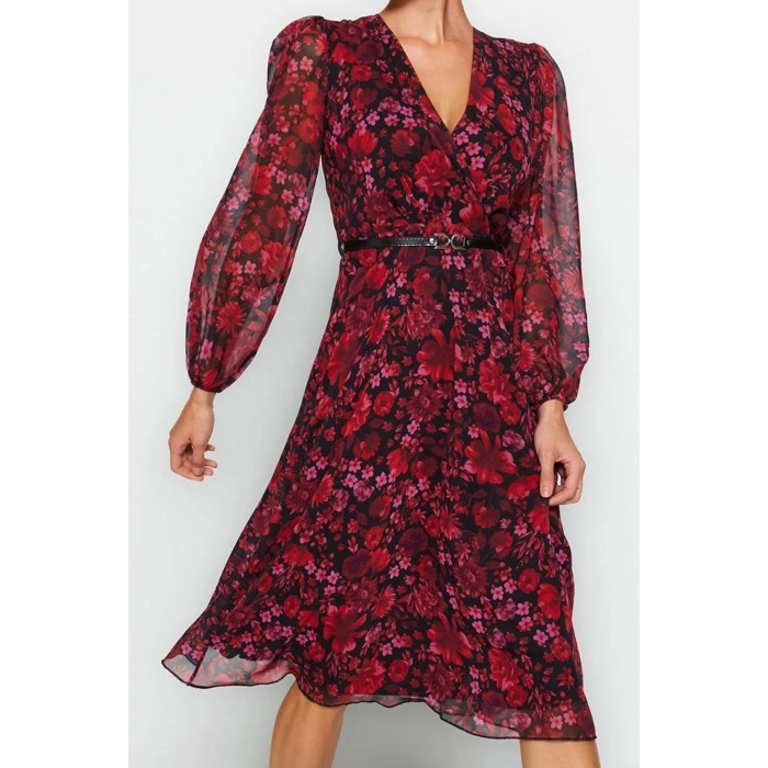 Kadın Moda Şık Midi Boy Kruvaze Regular Çiçekli Kemerli A Kesim Yaka Desenli Şifon Dokuma Elbise