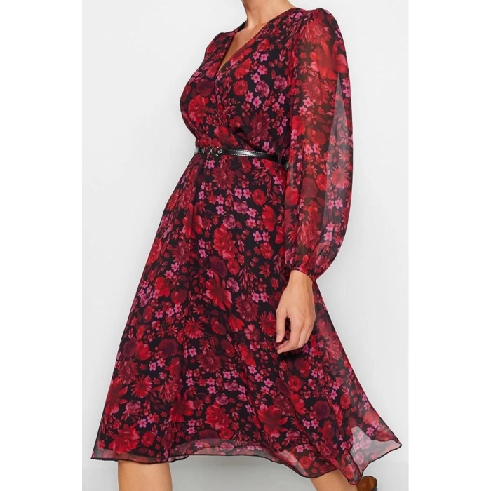 Kadın Moda Şık Midi Boy Kruvaze Regular Çiçekli Kemerli A Kesim Yaka Desenli Şifon Dokuma Elbise