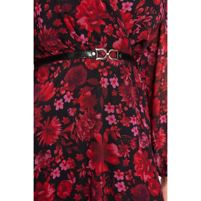 Kadın Moda Şık Midi Boy Kruvaze Regular Çiçekli Kemerli A Kesim Yaka Desenli Şifon Dokuma Elbise