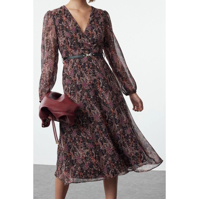 Kadın Moda Şık Midi Boy Kruvaze Regular Çiçekli Kemerli A Kesim Yaka Desenli Şifon Dokuma Elbise
