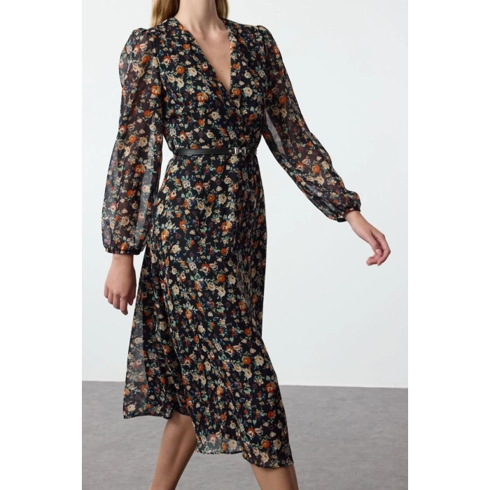 Kadın Moda Şık Midi Boy Kruvaze Regular Çiçekli Kemerli A Kesim Yaka Desenli Şifon Dokuma Elbise